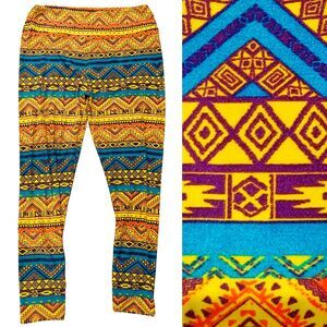 LuLaRoe Tall & Curvy Ankle Leggings Geometric Tribal Yellow Orange Blue Stretch
